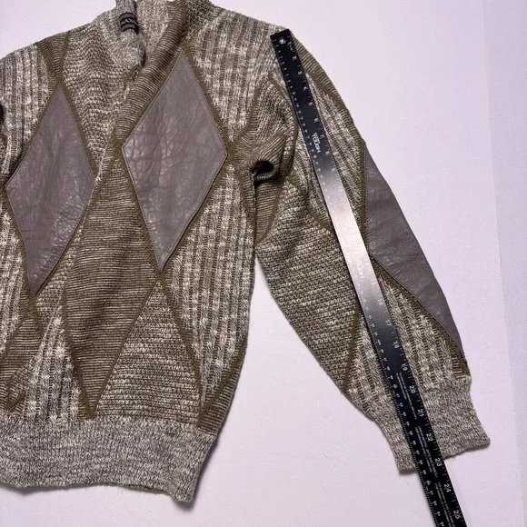 Vintage Saxony Leather Patchwork Sweater Mens Medium Chunky Knit Geometric